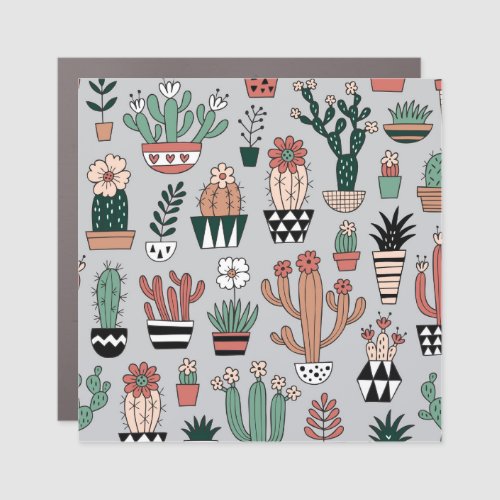 Cute Blooming Cactuses Hand_Drawn Pattern Car Magnet