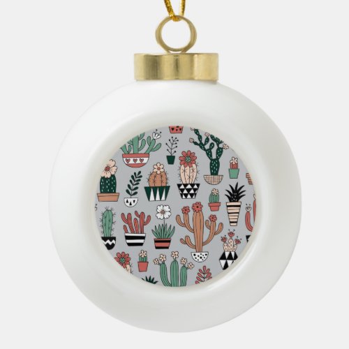 Cute Blooming Cactuses Hand_Drawn Pattern Ceramic Ball Christmas Ornament