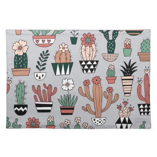Cute Blooming Cactuses Hand_Drawn Pattern Cloth Placemat