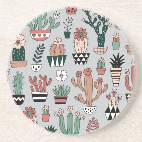 Cute Blooming Cactuses Hand_Drawn Pattern Coaster