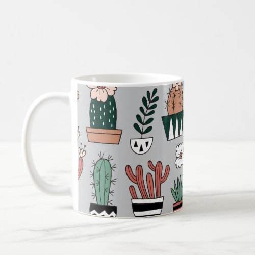 Cute Blooming Cactuses Hand_Drawn Pattern Coffee Mug