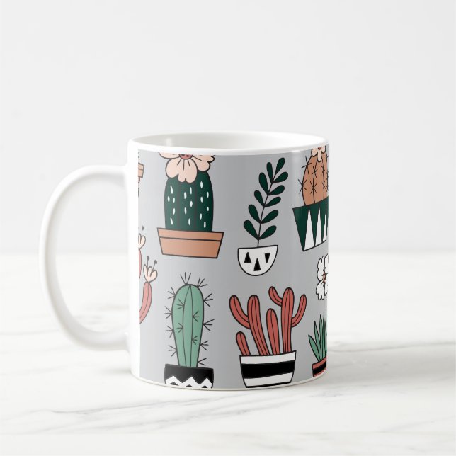 Cute Blooming Cactuses: Hand-Drawn Pattern Coffee Mug (Left)