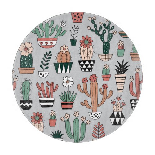 Cute Blooming Cactuses Hand_Drawn Pattern Cutting Board