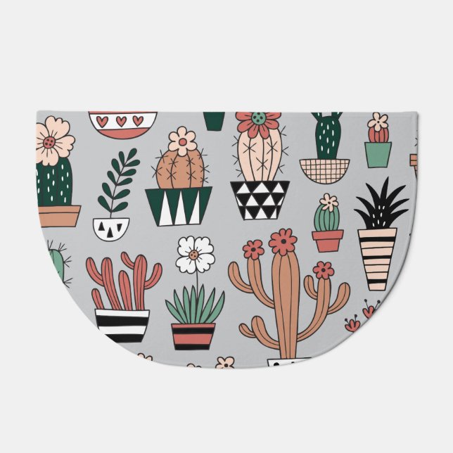Cute Blooming Cactuses: Hand-Drawn Pattern Doormat (Front)