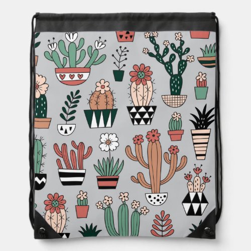 Cute Blooming Cactuses Hand_Drawn Pattern Drawstring Bag