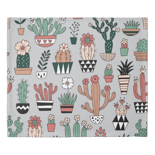 Cute Blooming Cactuses Hand_Drawn Pattern Duvet Cover