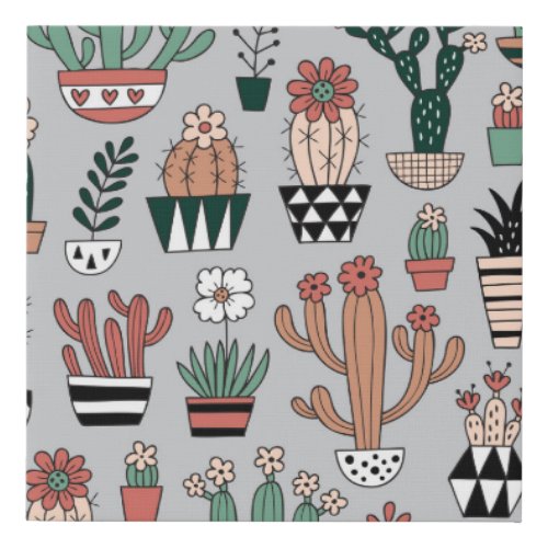 Cute Blooming Cactuses Hand_Drawn Pattern Faux Canvas Print