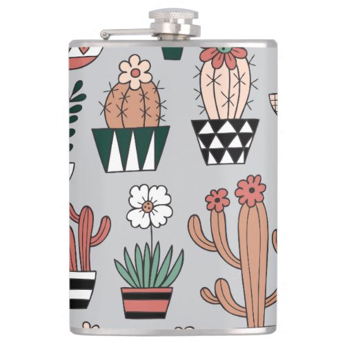 Cute Blooming Cactuses Hand_Drawn Pattern Flask