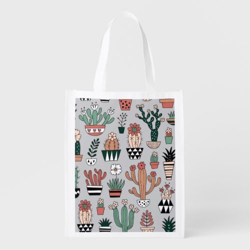 Cute Blooming Cactuses Hand_Drawn Pattern Grocery Bag