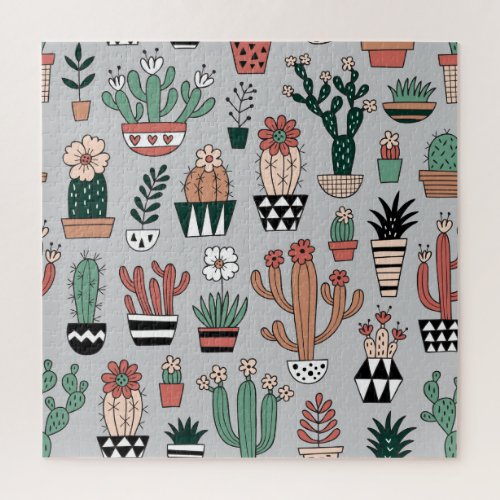 Cute Blooming Cactuses Hand_Drawn Pattern Jigsaw Puzzle