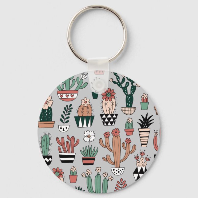 Cute Blooming Cactuses: Hand-Drawn Pattern Keychain (Front)