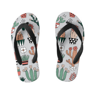 Cute Blooming Cactuses: Hand-Drawn Pattern Kid's Flip Flops