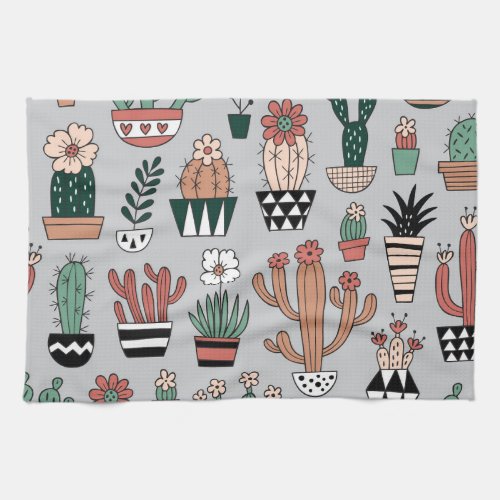Cute Blooming Cactuses Hand_Drawn Pattern Kitchen Towel