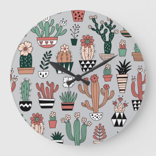 Cute Blooming Cactuses Hand_Drawn Pattern Large Clock