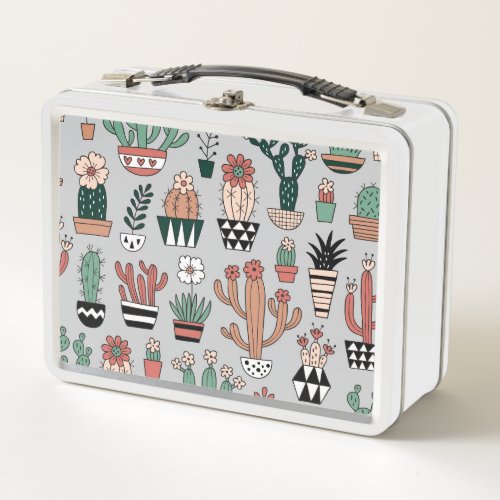 Cute Blooming Cactuses Hand_Drawn Pattern Metal Lunch Box