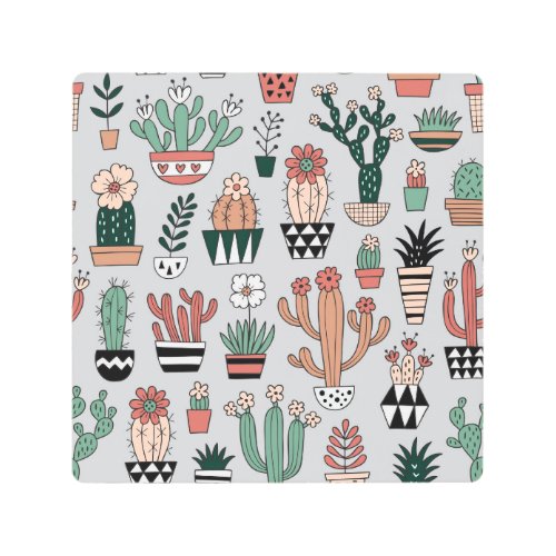 Cute Blooming Cactuses Hand_Drawn Pattern Metal Print