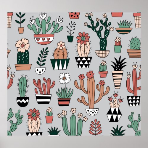 Cute Blooming Cactuses Hand_Drawn Pattern Poster