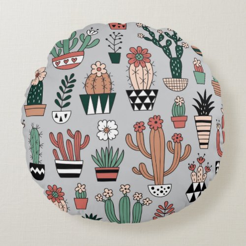 Cute Blooming Cactuses Hand_Drawn Pattern Round Pillow