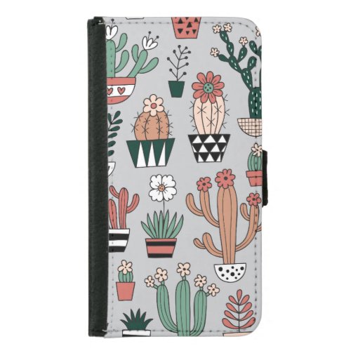 Cute Blooming Cactuses Hand_Drawn Pattern Samsung Galaxy S5 Wallet Case