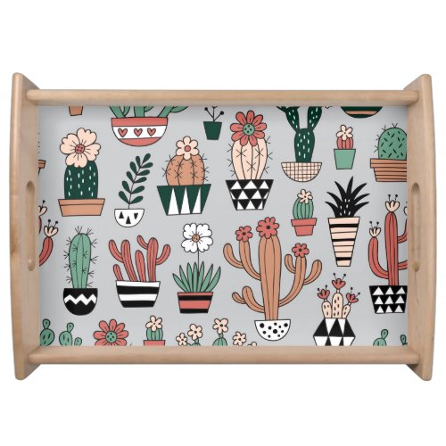 Cute Blooming Cactuses Hand_Drawn Pattern Serving Tray