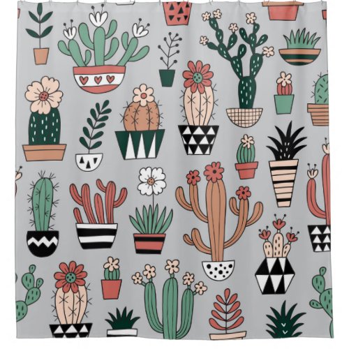 Cute Blooming Cactuses Hand_Drawn Pattern Shower Curtain
