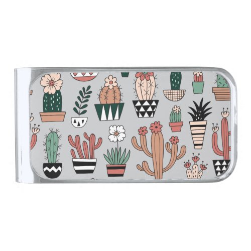 Cute Blooming Cactuses Hand_Drawn Pattern Silver Finish Money Clip