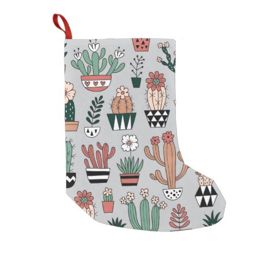 Cute Blooming Cactuses Hand_Drawn Pattern Small Christmas Stocking