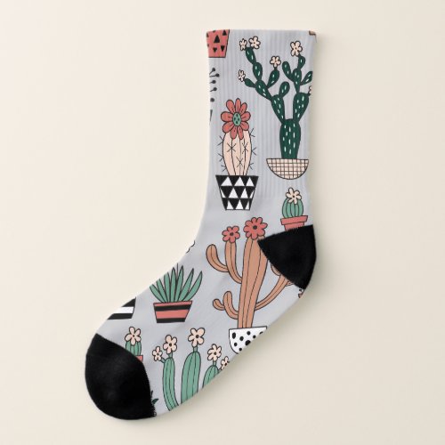 Cute Blooming Cactuses Hand_Drawn Pattern Socks