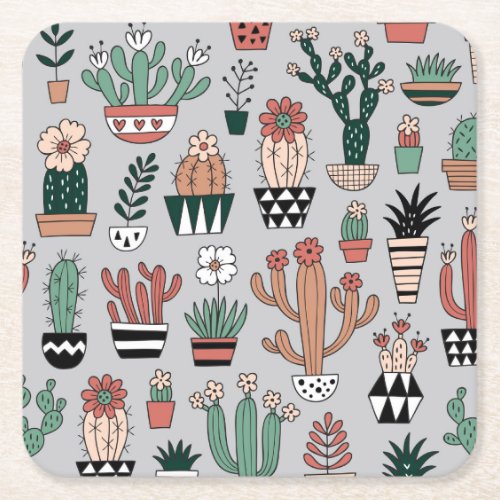 Cute Blooming Cactuses Hand_Drawn Pattern Square Paper Coaster