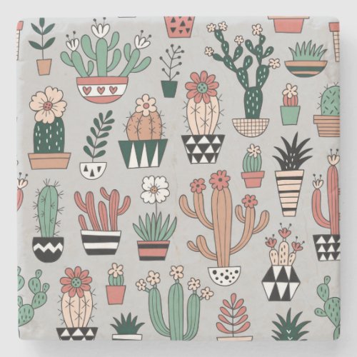 Cute Blooming Cactuses Hand_Drawn Pattern Stone Coaster
