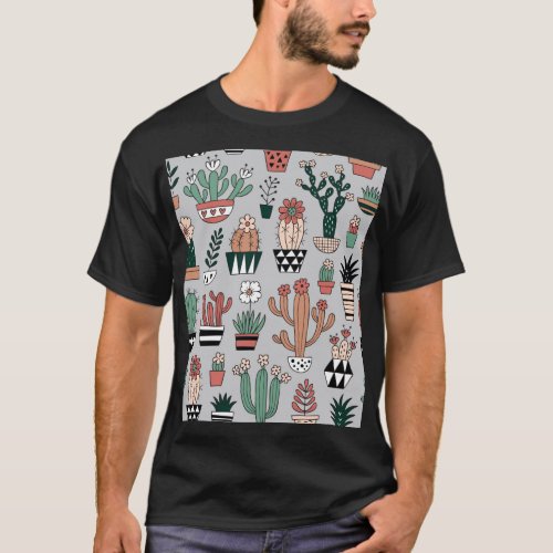 Cute Blooming Cactuses Hand_Drawn Pattern T_Shirt