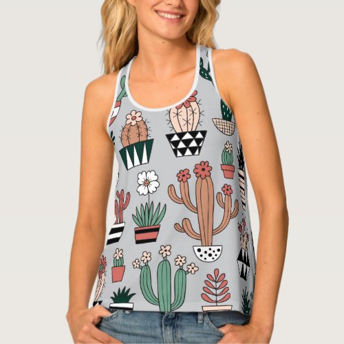 Cute Blooming Cactuses Hand_Drawn Pattern Tank Top