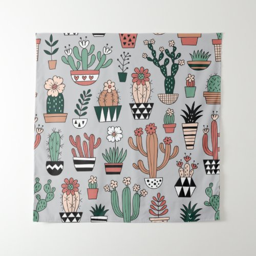 Cute Blooming Cactuses Hand_Drawn Pattern Tapestry