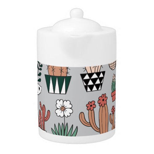 Cute Blooming Cactuses Hand_Drawn Pattern Teapot