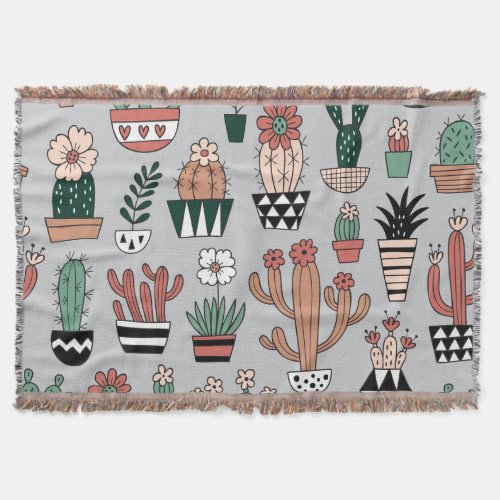 Cute Blooming Cactuses Hand_Drawn Pattern Throw Blanket