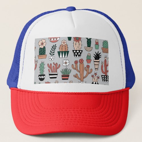 Cute Blooming Cactuses Hand_Drawn Pattern Trucker Hat