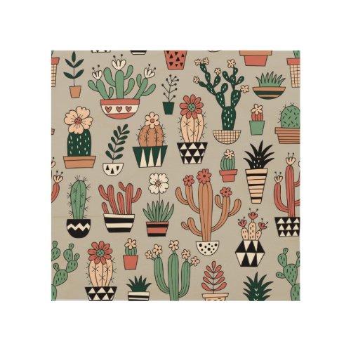 Cute Blooming Cactuses Hand_Drawn Pattern Wood Wall Art