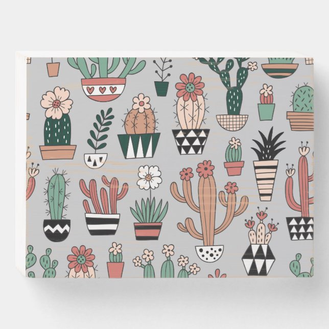 Cute Blooming Cactuses: Hand-Drawn Pattern Wooden Box Sign (Front Horizontal)