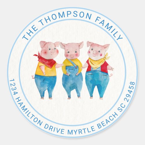 Cute  Blue 3 Little Pigs Baby Shower Address   Classic Round Sticker