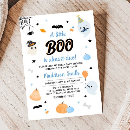 Cute Blue A Little Boo Baby Shower  Invitation