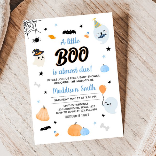 Cute Blue A Little Boo Baby Shower  Invitation (Cute Blue Ghost Baby Shower Invitation)