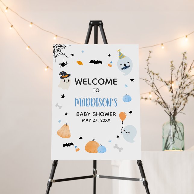 Cute Blue A Little Boo Baby Shower Welcome Sign (In Situ (Stand))