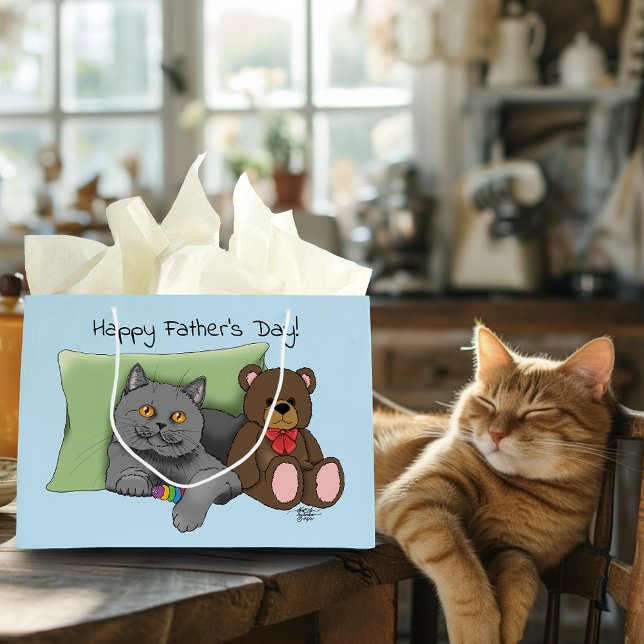 Cute Blue Adorable Gray Best Cat Dad Father’s Day Large Gift Bag (Creator Uploaded)