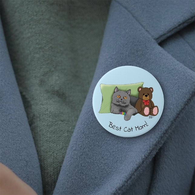 Cute Blue Adorable Gray Best Cat Mom Mother’s Day Button (Creator Uploaded)