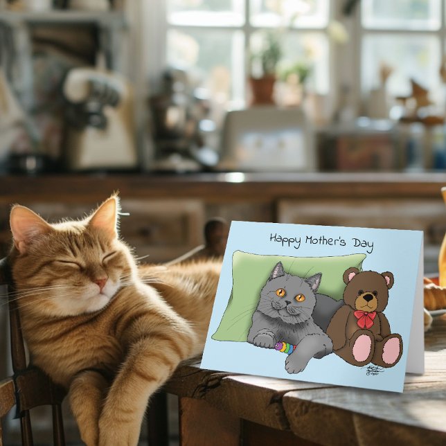 Cute Blue Adorable Gray Best Cat Mom Mother’s Day Card (Creator Uploaded)