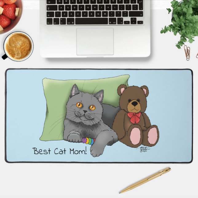 Cute Blue Adorable Gray Best Cat Mom Mother’s Day Desk Mat (Creator Uploaded)