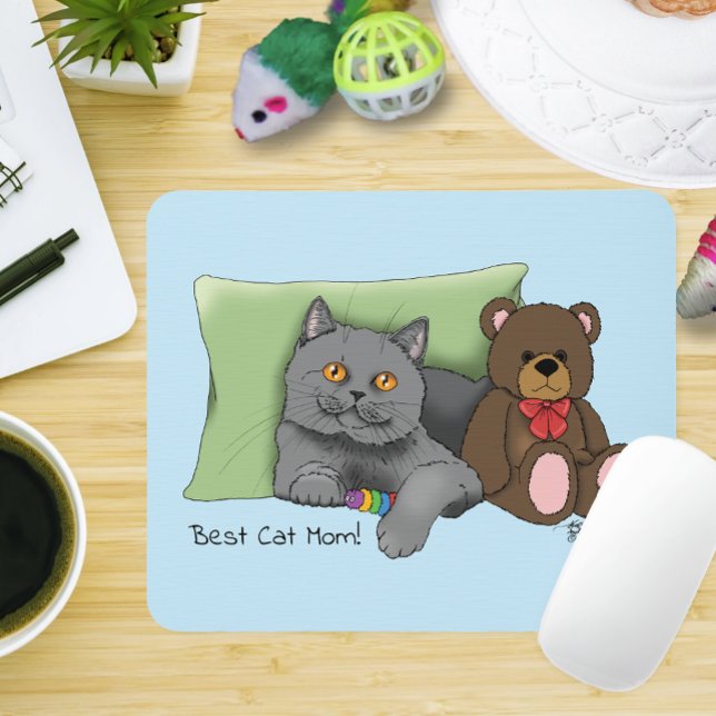 Cute Blue Adorable Gray Best Cat Mom Mother’s Day Mouse Pad (Creator Uploaded)
