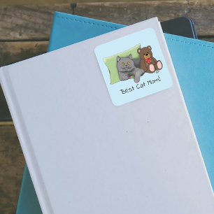 Cute Blue Adorable Gray Best Cat Mom Mother’s Day Square Sticker