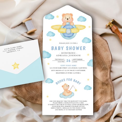 Cute Blue Airplane Boy Teddy Bear Baby Shower All In One Invitation