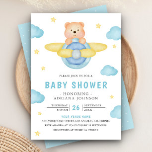 Cute Blue Airplane Boy Teddy Bear Baby Shower Invitation